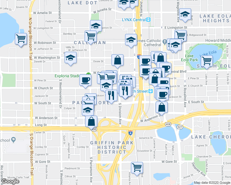 map of restaurants, bars, coffee shops, grocery stores, and more near 310 South Division Avenue in Orlando