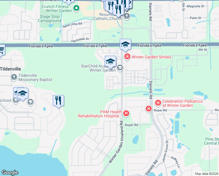 map of restaurants, bars, coffee shops, grocery stores, and more near 399 Winter Nellis Circle in Winter Garden