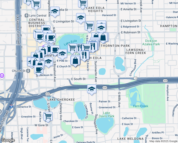 map of restaurants, bars, coffee shops, grocery stores, and more near 653 East Jackson Street in Orlando
