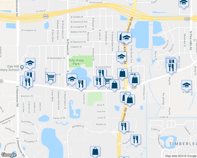 map of restaurants, bars, coffee shops, grocery stores, and more near 5810 Condor Road in Orlando