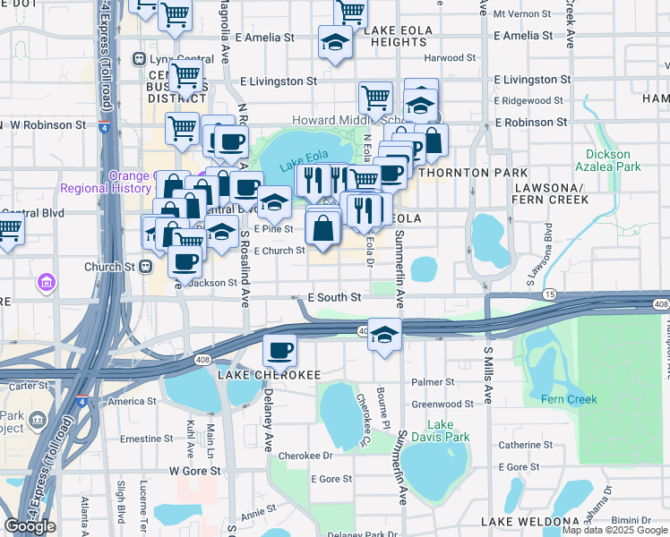 map of restaurants, bars, coffee shops, grocery stores, and more near 415 East South Street in Orlando