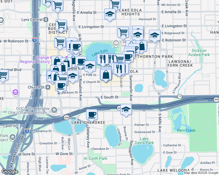 map of restaurants, bars, coffee shops, grocery stores, and more near 415 East South Street in Orlando