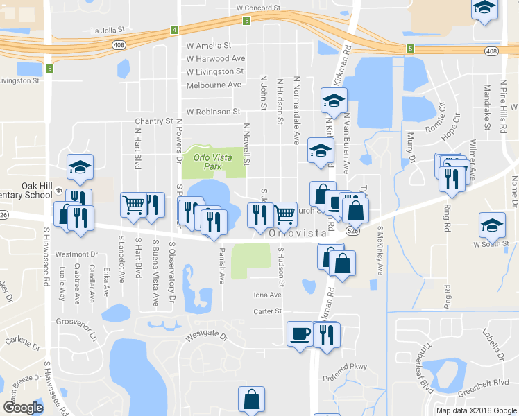 map of restaurants, bars, coffee shops, grocery stores, and more near 5810 Condor Road in Orlando