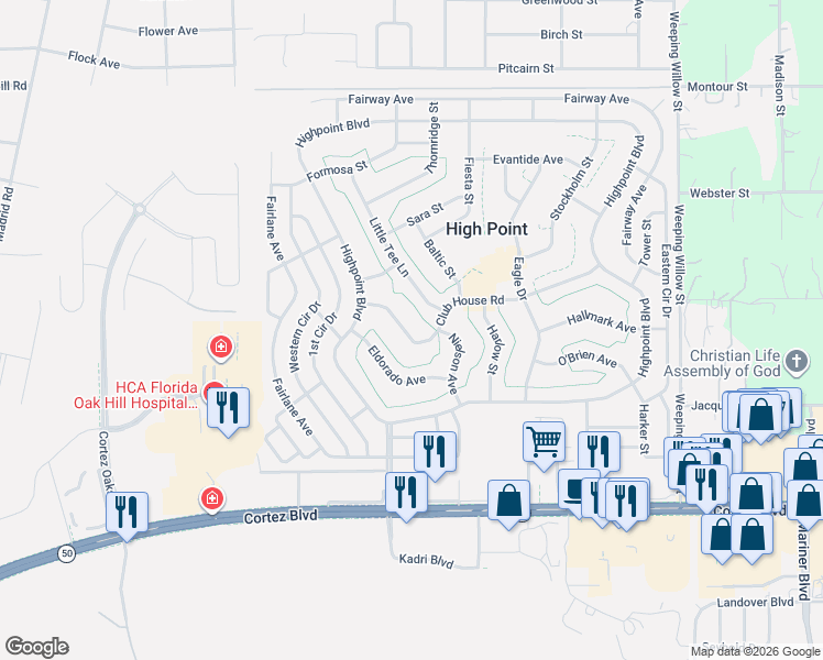 map of restaurants, bars, coffee shops, grocery stores, and more near 12102 Club House Road in Brooksville