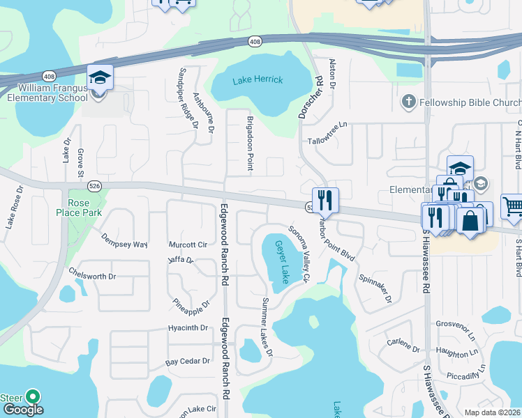map of restaurants, bars, coffee shops, grocery stores, and more near 208 Garden Cove Court in Orlando