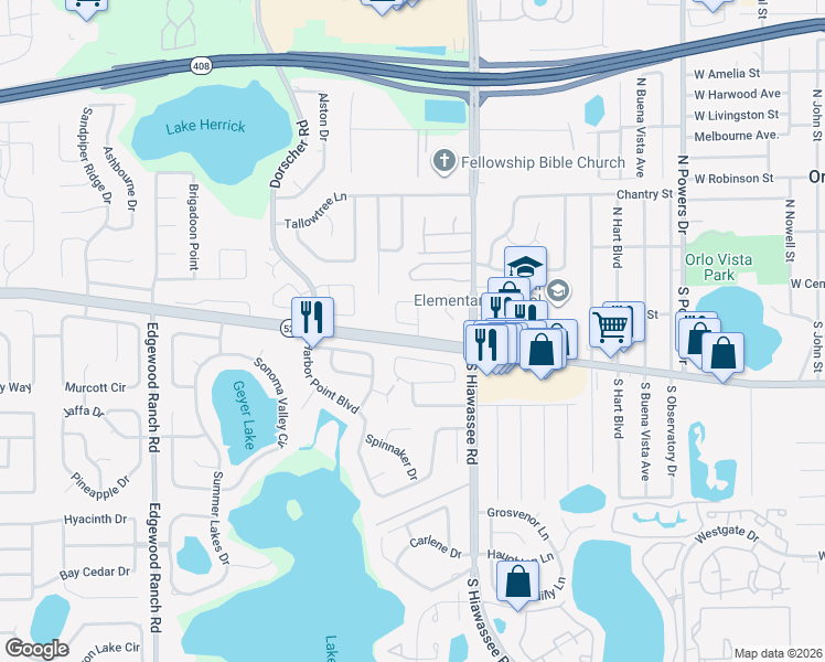 map of restaurants, bars, coffee shops, grocery stores, and more near 53 Winter Ridge Circle in Orlando