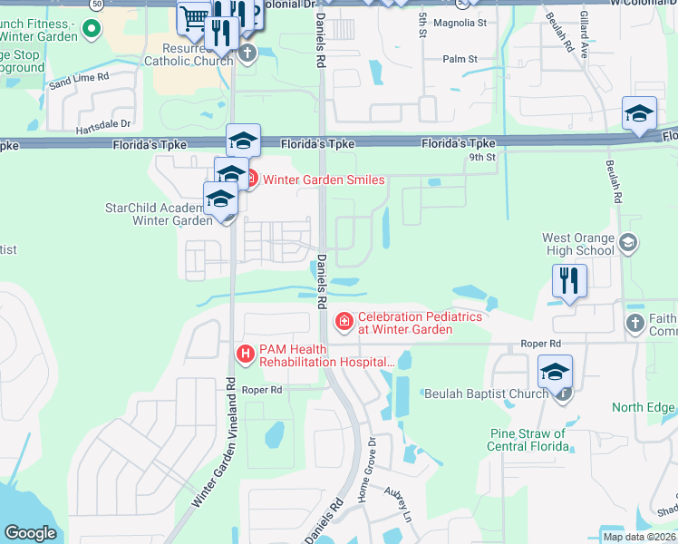 map of restaurants, bars, coffee shops, grocery stores, and more near 379 Spring Leap Circle in Winter Garden