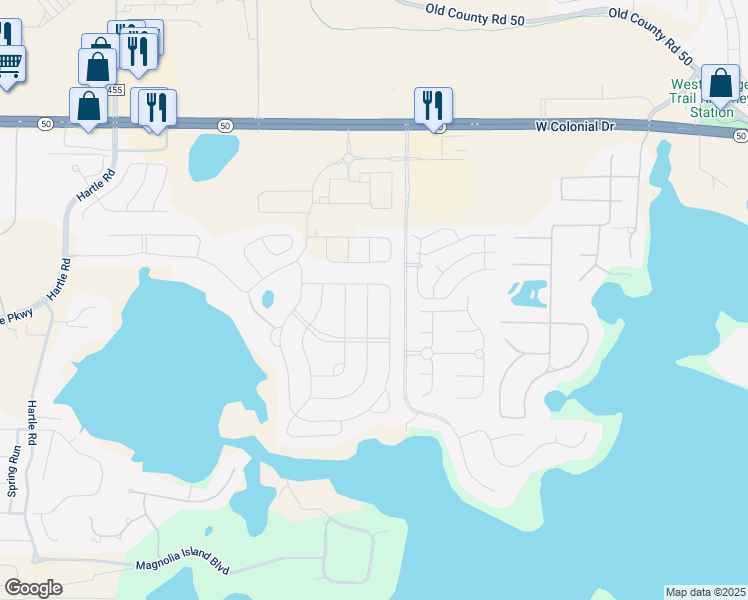 map of restaurants, bars, coffee shops, grocery stores, and more near 17194 Hickory Wind Drive in Clermont