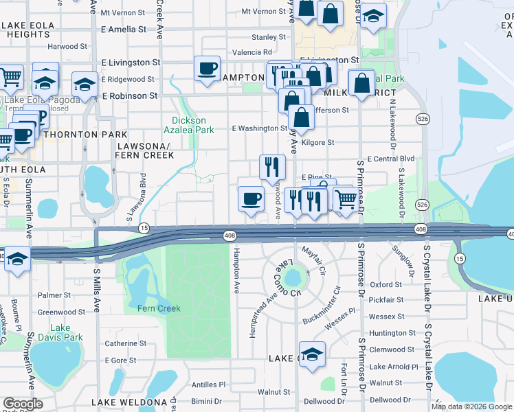 map of restaurants, bars, coffee shops, grocery stores, and more near 115 Forest Circle in Orlando