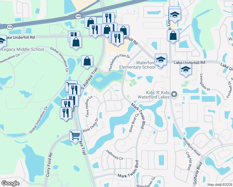 map of restaurants, bars, coffee shops, grocery stores, and more near 535 White River Drive in Orlando