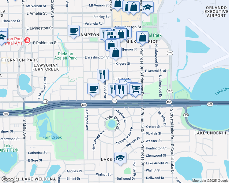 map of restaurants, bars, coffee shops, grocery stores, and more near 2410 East Church Street in Orlando