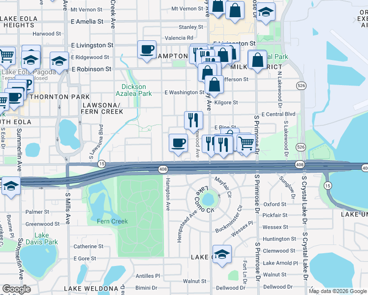 map of restaurants, bars, coffee shops, grocery stores, and more near 115 Forest Circle in Orlando
