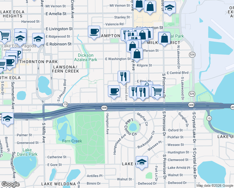 map of restaurants, bars, coffee shops, grocery stores, and more near 115 Forest Circle in Orlando
