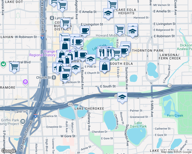 map of restaurants, bars, coffee shops, grocery stores, and more near 323 East Church Street in Orlando