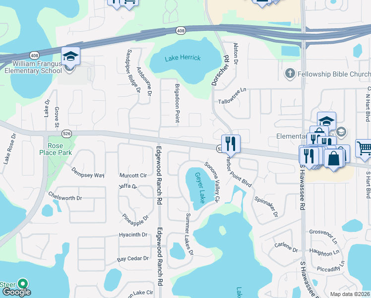 map of restaurants, bars, coffee shops, grocery stores, and more near 208 Garden Cove Court in Orlando
