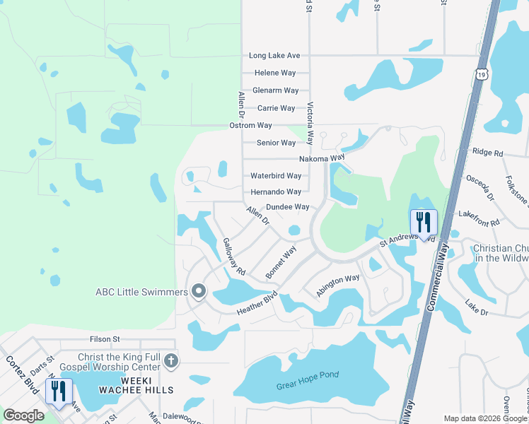 map of restaurants, bars, coffee shops, grocery stores, and more near 7478 Dundee Way in Weeki Wachee