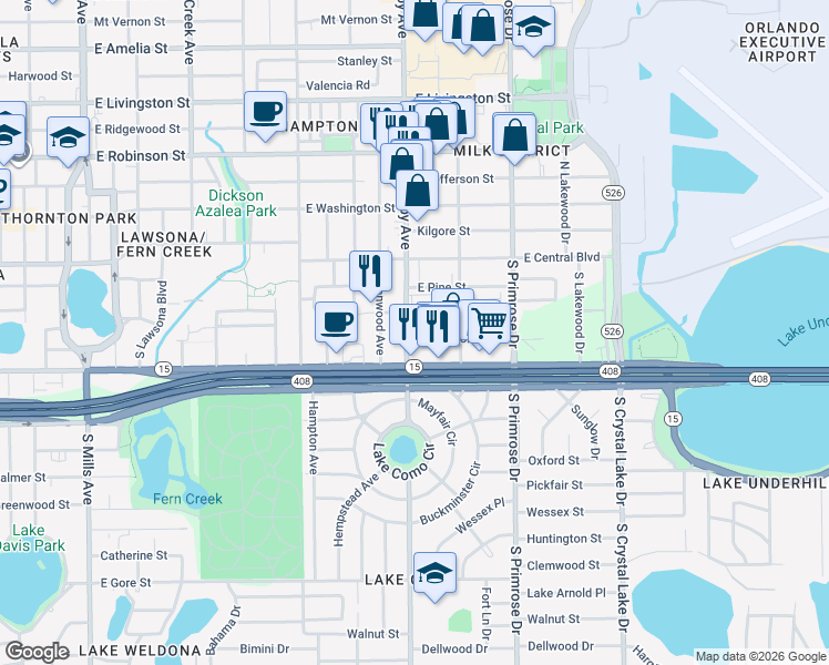 map of restaurants, bars, coffee shops, grocery stores, and more near 2410 East Church Street in Orlando