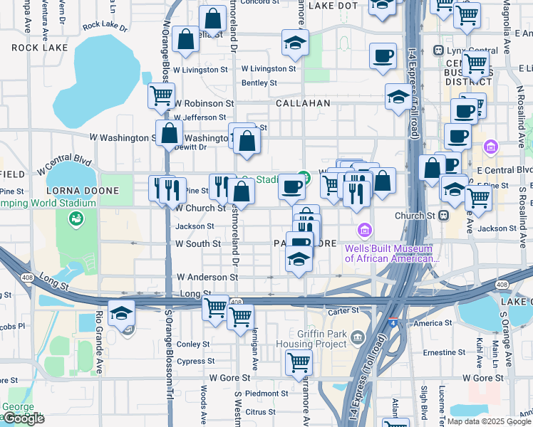map of restaurants, bars, coffee shops, grocery stores, and more near in Orlando