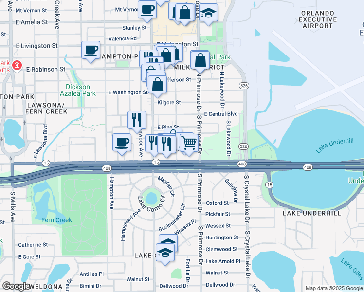 map of restaurants, bars, coffee shops, grocery stores, and more near 2600a East Church Street in Orlando