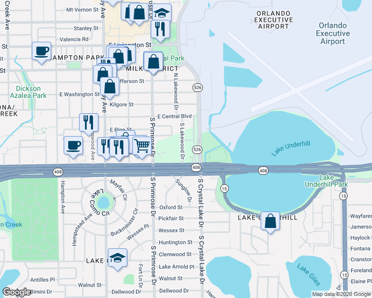 map of restaurants, bars, coffee shops, grocery stores, and more near 213 South Lakewood Drive in Orlando