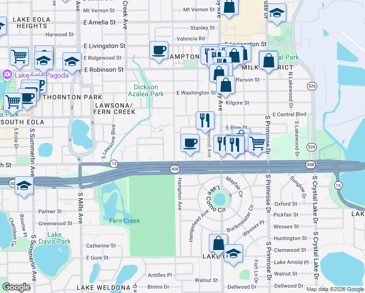 map of restaurants, bars, coffee shops, grocery stores, and more near 218 South Forest Avenue in Orlando