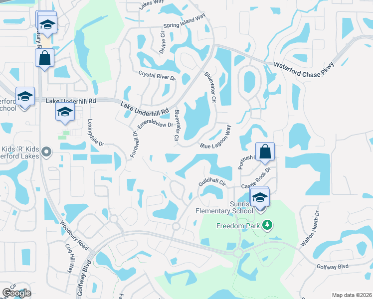 map of restaurants, bars, coffee shops, grocery stores, and more near 13677 Bluewater Circle in Orlando