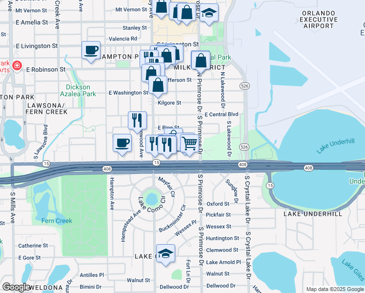 map of restaurants, bars, coffee shops, grocery stores, and more near 2600a East Church Street in Orlando