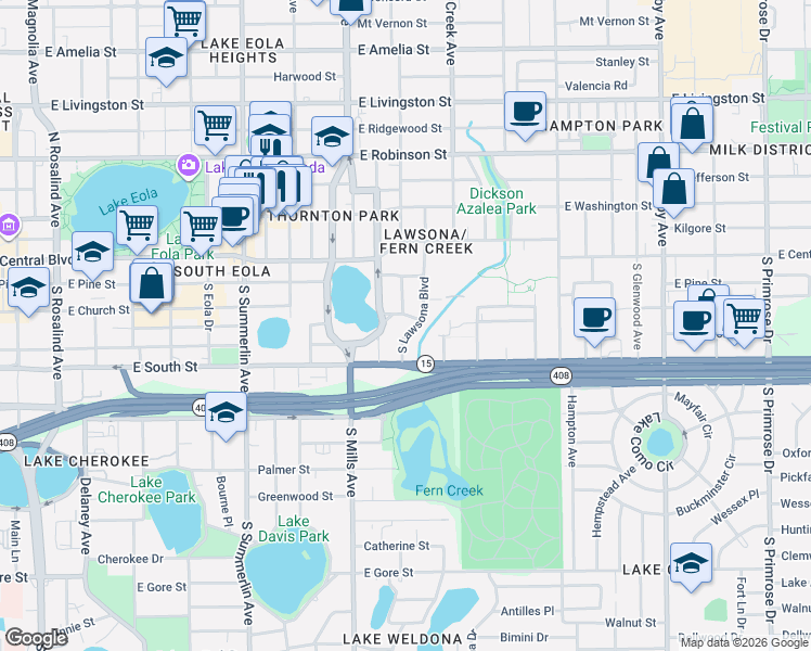map of restaurants, bars, coffee shops, grocery stores, and more near 130 South Lawsona Boulevard in Orlando