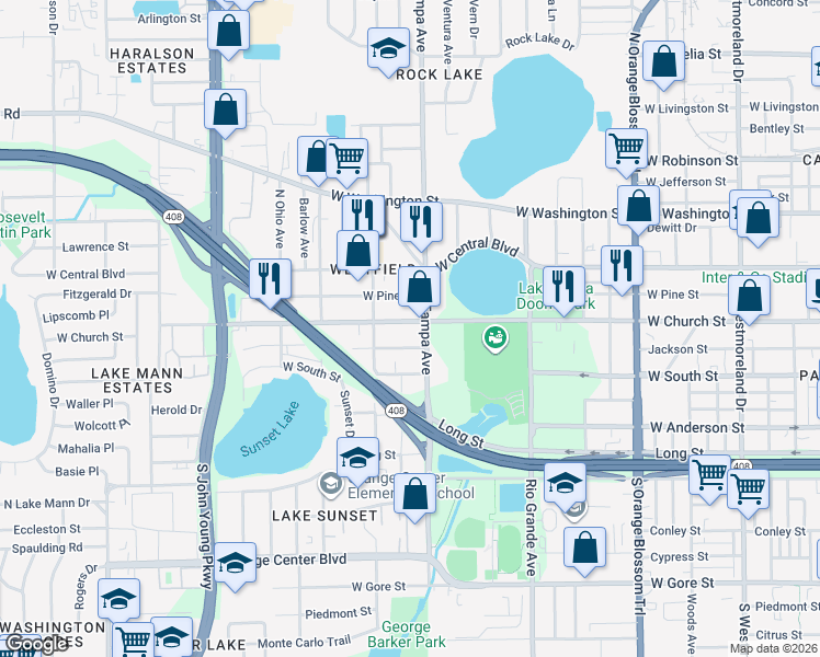 map of restaurants, bars, coffee shops, grocery stores, and more near 2019 West Church Street in Orlando