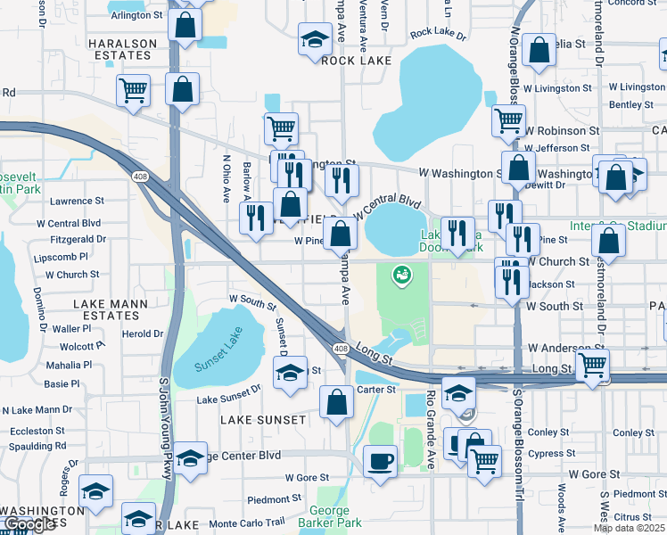 map of restaurants, bars, coffee shops, grocery stores, and more near 2019 West Church Street in Orlando