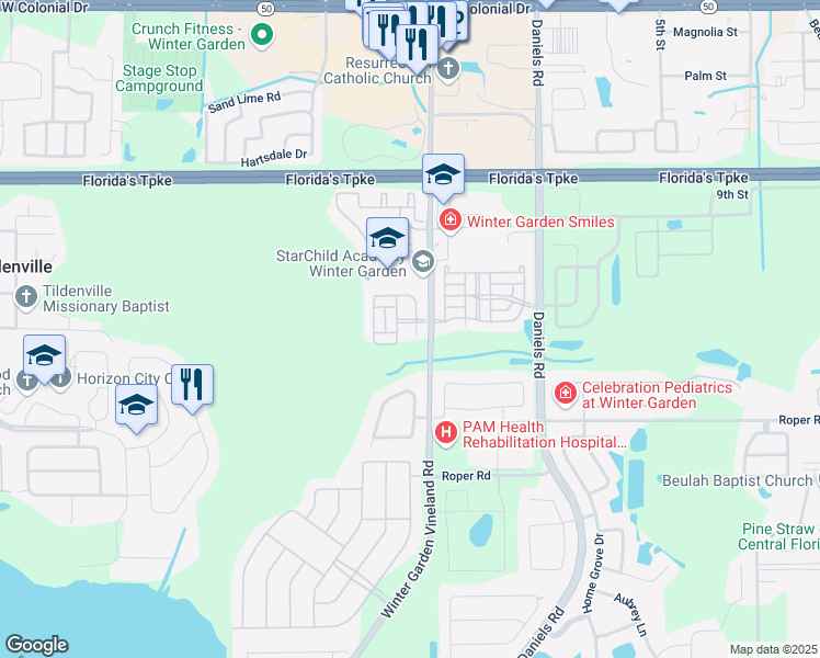map of restaurants, bars, coffee shops, grocery stores, and more near 13729 Golden Russet Drive in Winter Garden