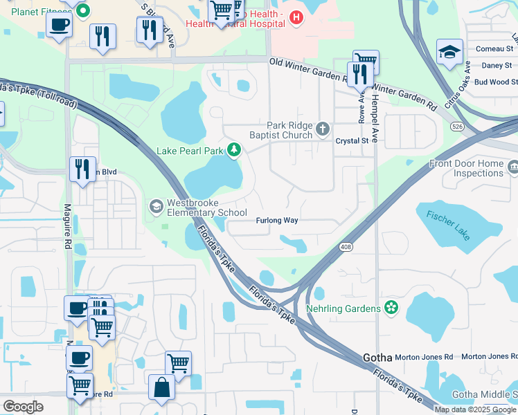 map of restaurants, bars, coffee shops, grocery stores, and more near 3091 Professional Parkway in Ocoee
