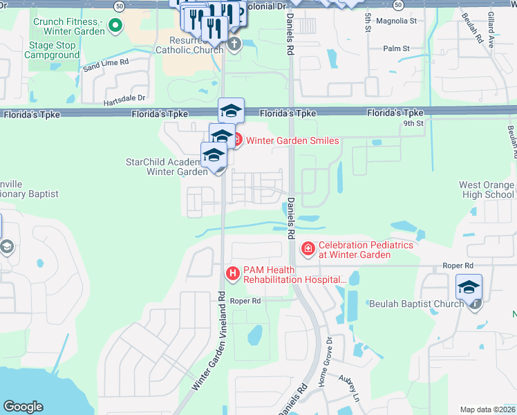 map of restaurants, bars, coffee shops, grocery stores, and more near 13856 Daniels Landing Circle in Winter Garden