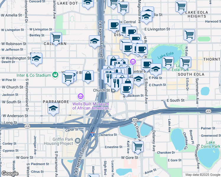 map of restaurants, bars, coffee shops, grocery stores, and more near 123 West Church Street in Orlando