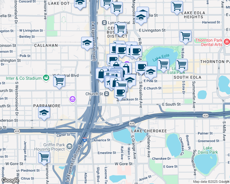 map of restaurants, bars, coffee shops, grocery stores, and more near 200 South Orange Avenue in Orlando