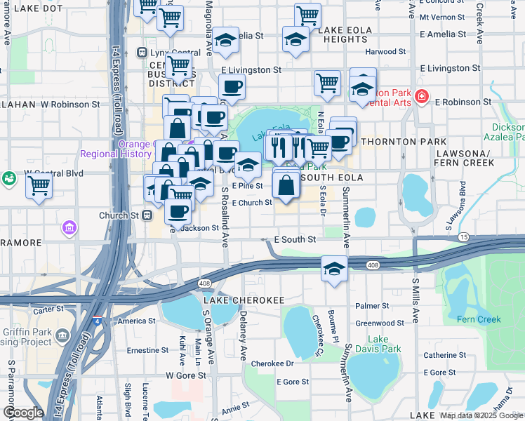 map of restaurants, bars, coffee shops, grocery stores, and more near 323 East Church Street in Orlando