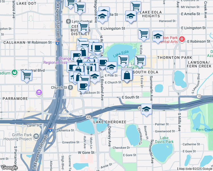 map of restaurants, bars, coffee shops, grocery stores, and more near 191 South Rosalind Avenue in Orlando