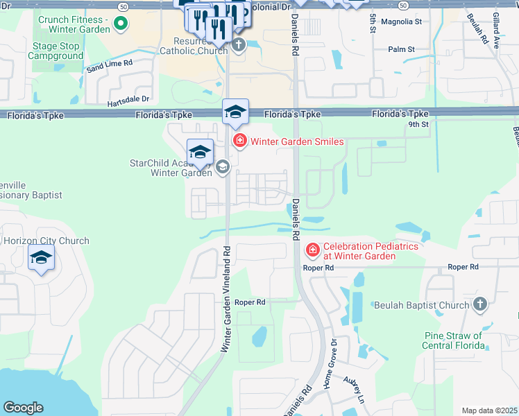 map of restaurants, bars, coffee shops, grocery stores, and more near 13856 Daniels Landing Circle in Winter Garden