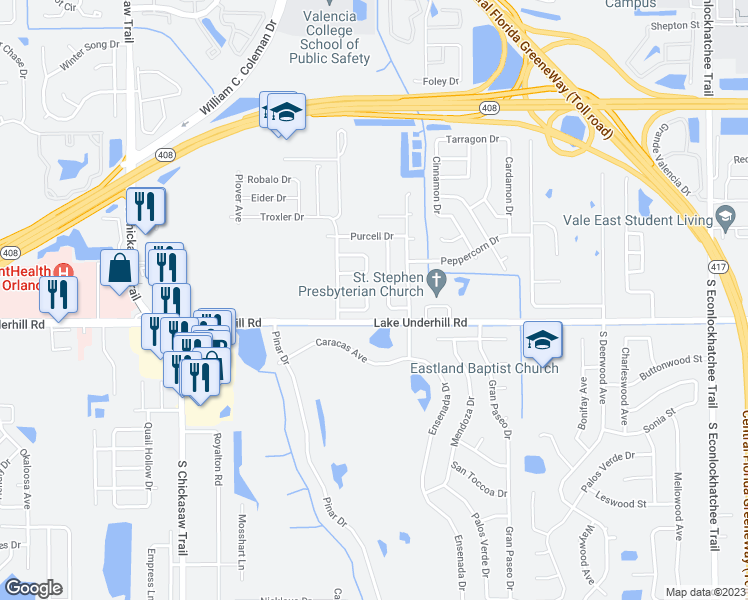 map of restaurants, bars, coffee shops, grocery stores, and more near 8328 Cristobal Circle in Orlando