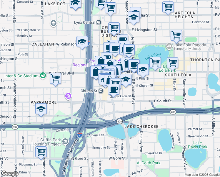 map of restaurants, bars, coffee shops, grocery stores, and more near 200 South Orange Avenue in Orlando