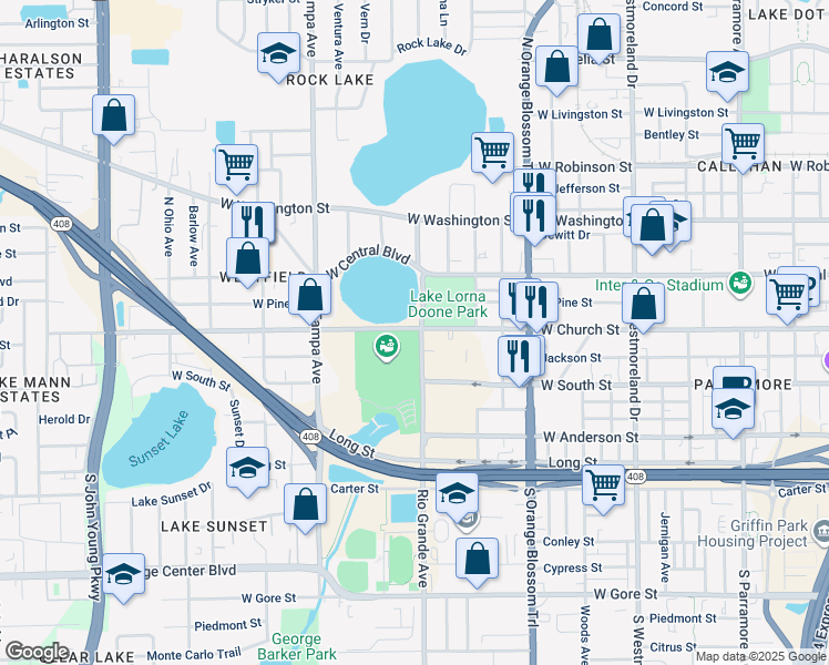 map of restaurants, bars, coffee shops, grocery stores, and more near 1610 West Church Street in Orlando