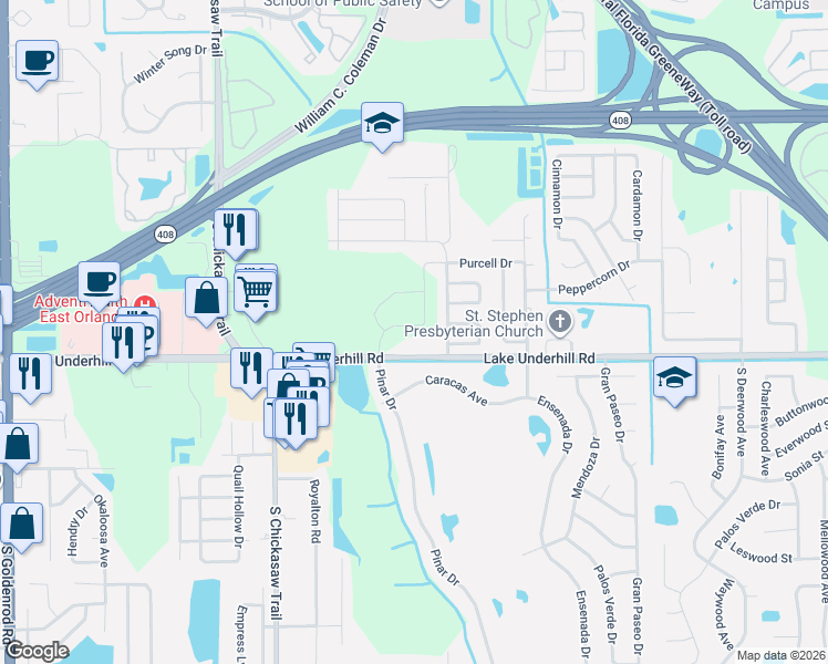 map of restaurants, bars, coffee shops, grocery stores, and more near 8275 Lake Underhill Rd in Orlando