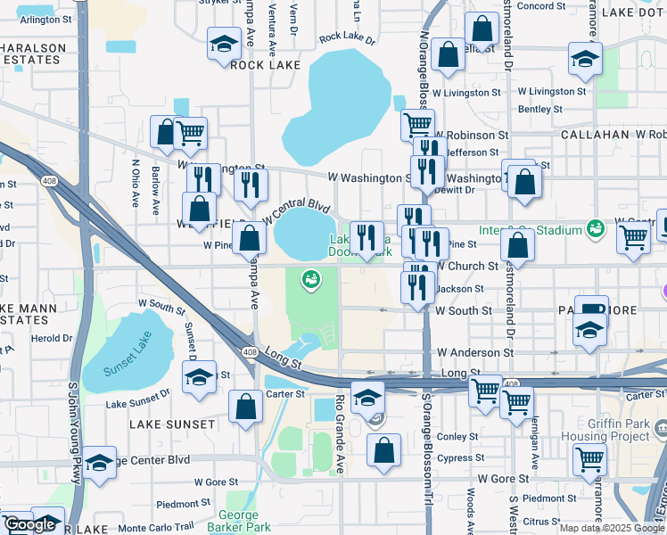 map of restaurants, bars, coffee shops, grocery stores, and more near 1 Citrus Bowl Place in Orlando
