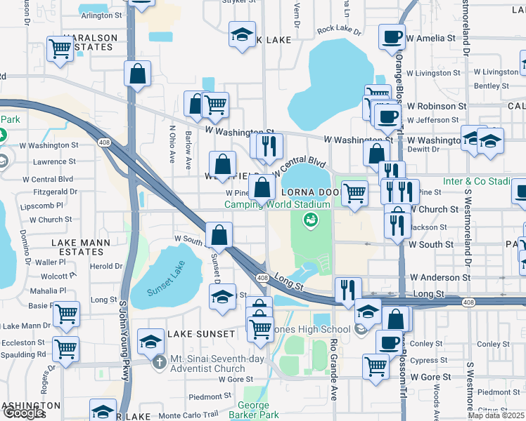 map of restaurants, bars, coffee shops, grocery stores, and more near 1929-1999 West Church Street in Orlando
