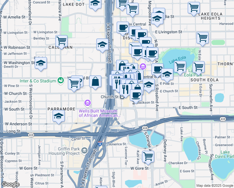 map of restaurants, bars, coffee shops, grocery stores, and more near 123 West Church Street in Orlando