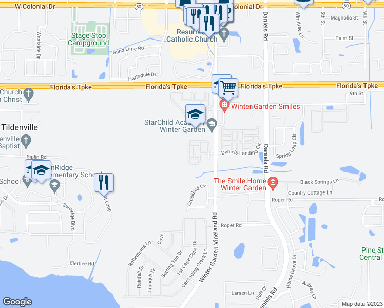 map of restaurants, bars, coffee shops, grocery stores, and more near 321 Winter Nellis Circle in Winter Garden