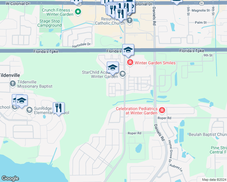 map of restaurants, bars, coffee shops, grocery stores, and more near 459 Winter Nellis in Winter Garden