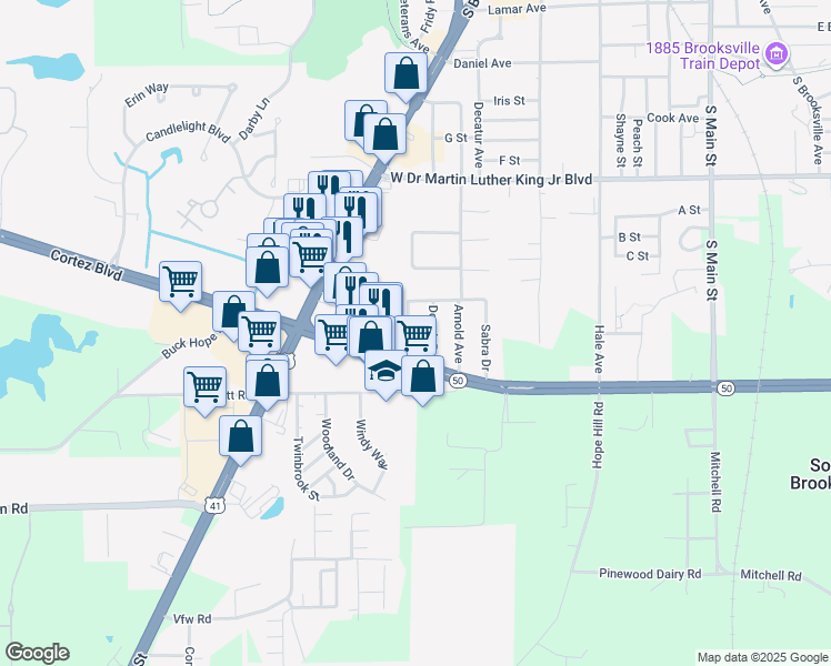 map of restaurants, bars, coffee shops, grocery stores, and more near 1511 June Avenue in Brooksville