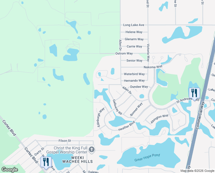 map of restaurants, bars, coffee shops, grocery stores, and more near 8390 Dunnellon Road in Weeki Wachee