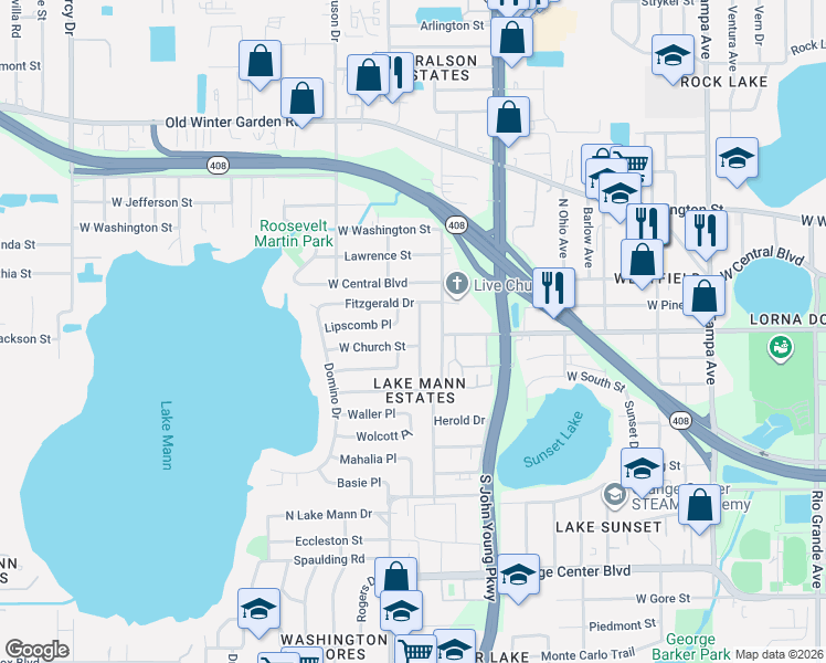 map of restaurants, bars, coffee shops, grocery stores, and more near 182 Lionel Avenue in Orlando